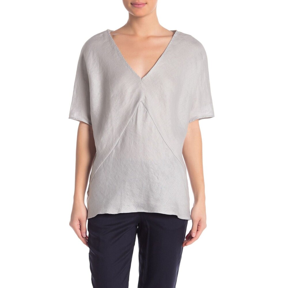Jarbo Womens Bias 100% Linen V Neck Top Blouse Gray/Silver Size 0 (2-4)